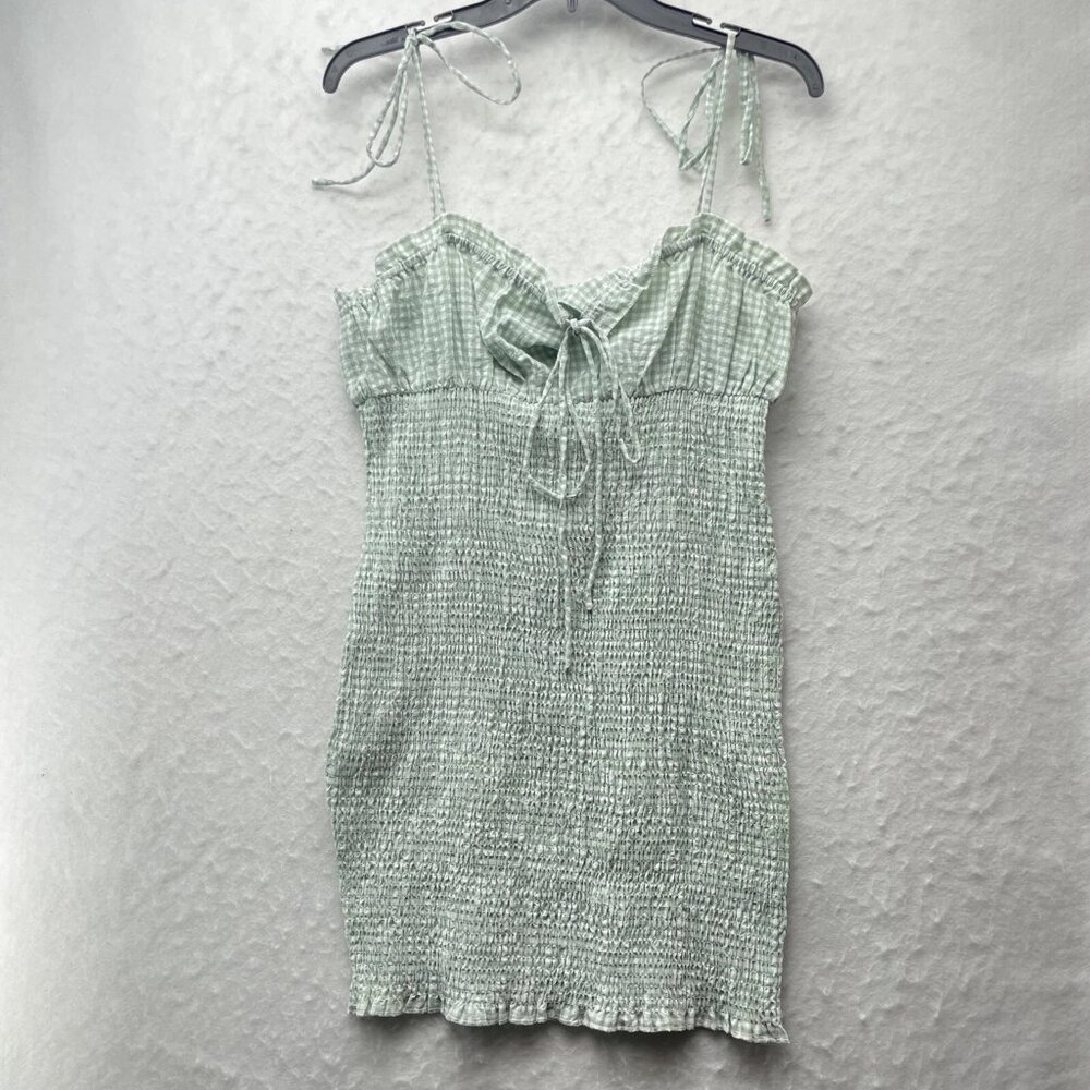 Princess Polly Sage Green White Gingham Smocked Spaghetti Strap Dress - XS